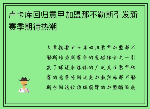 卢卡库回归意甲加盟那不勒斯引发新赛季期待热潮 卢卡库回归意甲加盟那不勒斯引发新赛季期待热潮